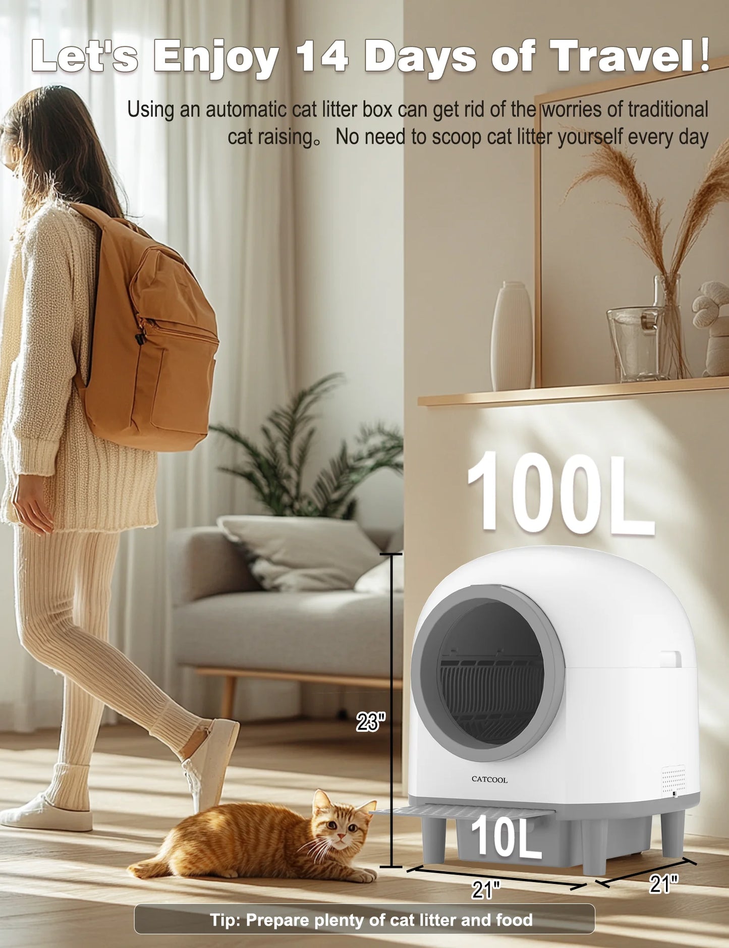 Automatic Cat Litter Box Self Cleaning, Smart Litter Box for Multiple Cats with 10 Safety Sensor Radars, 100L Electric Cat Box with App-Control, Odor Control, Quiet Operation, White