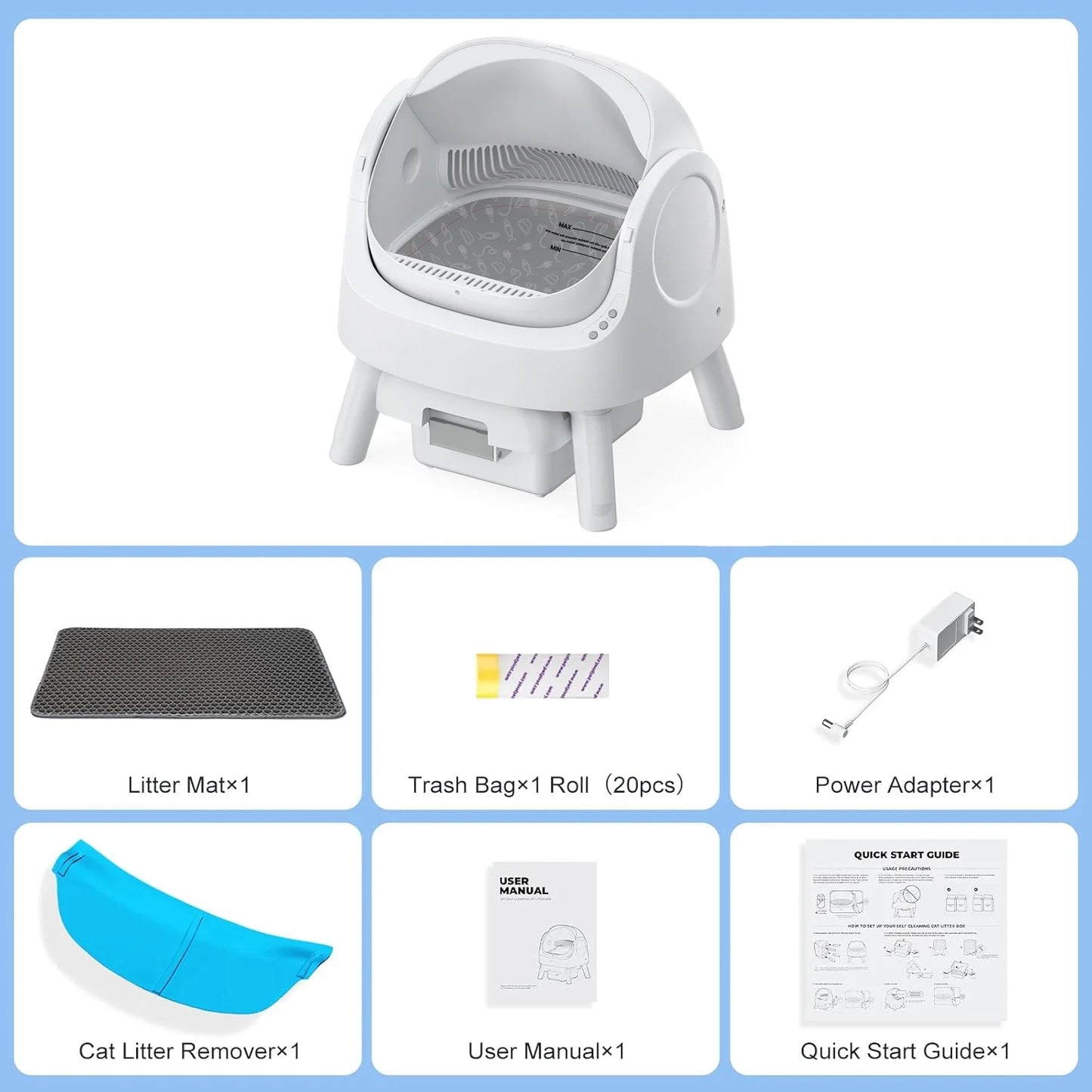 Large Open-Top Automatic Cat Litter Box Self Cleaning with Safety Protection, Mat and Trash Bags Included, White