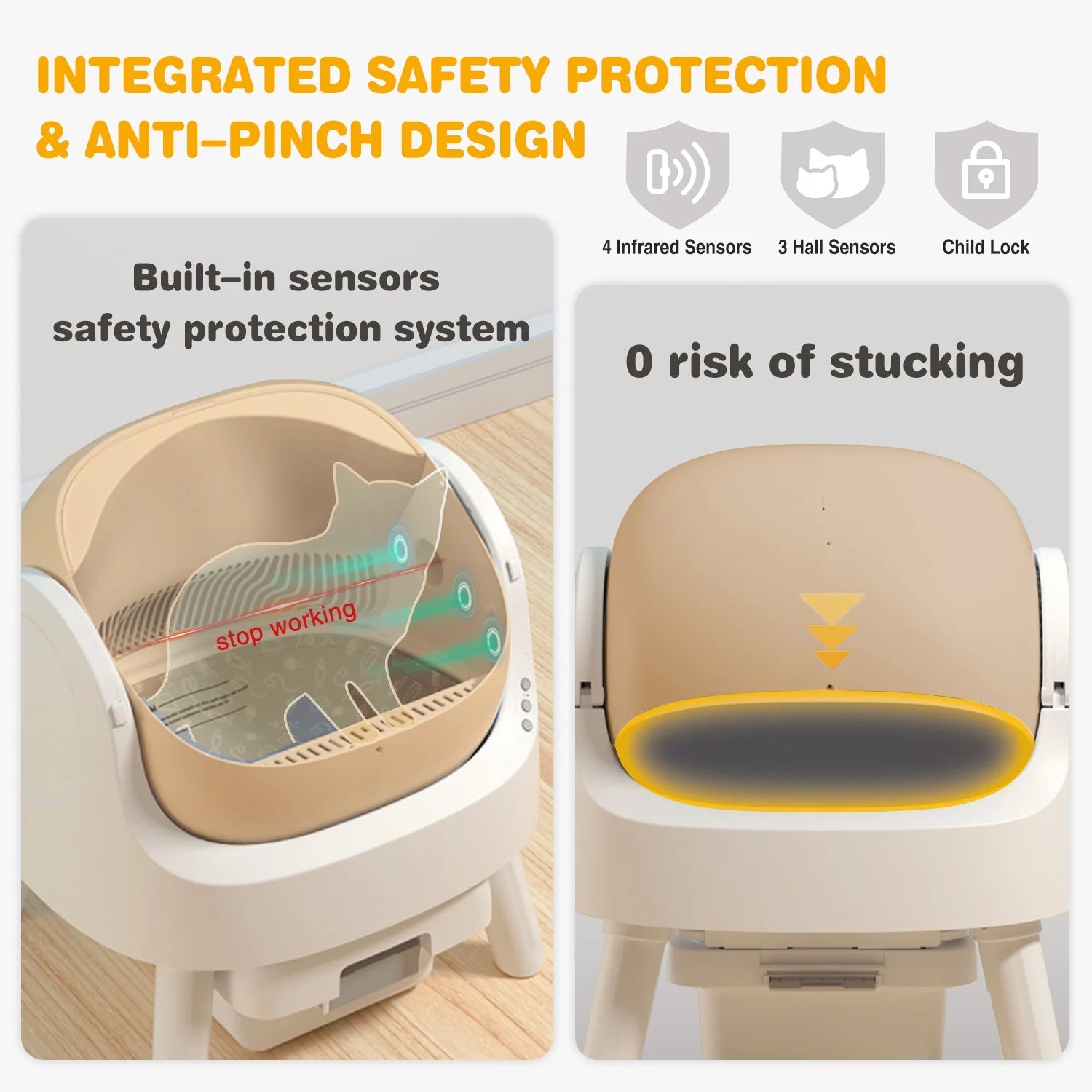 Large Open-Top Automatic Cat Litter Box Self Cleaning with Safety Protection, Mat and Trash Bags Included, Brown