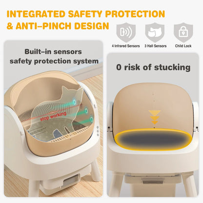 Large Open-Top Automatic Cat Litter Box Self Cleaning with Safety Protection, Mat and Trash Bags Included, Brown