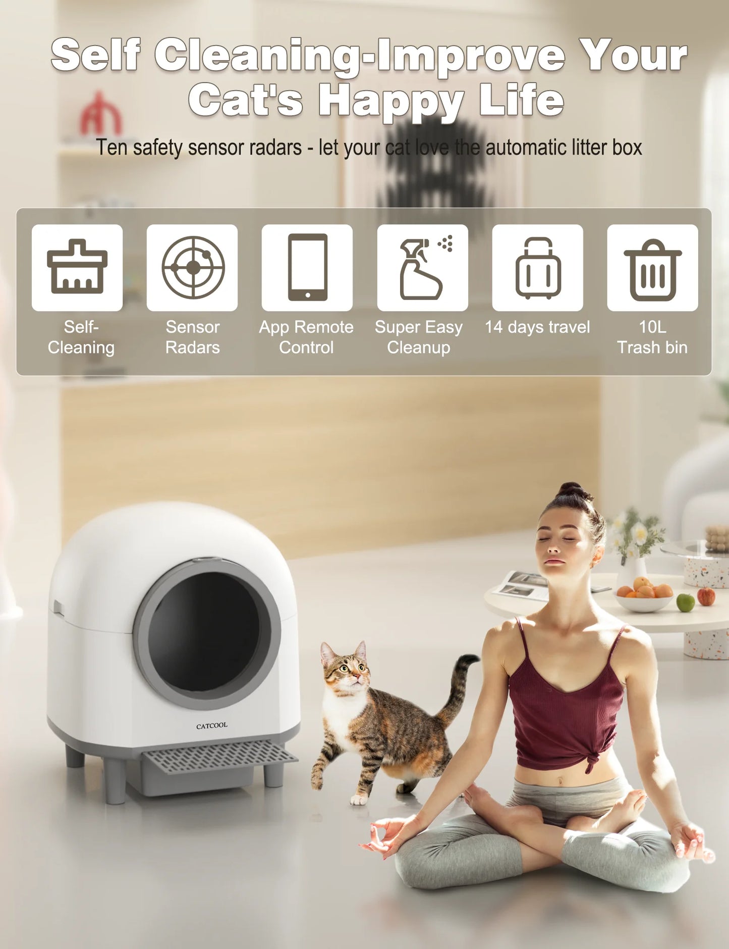 Automatic Cat Litter Box Self Cleaning, Smart Litter Box for Multiple Cats with 10 Safety Sensor Radars, 100L Electric Cat Box with App-Control, Odor Control, Quiet Operation, White
