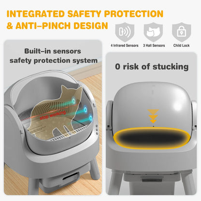 Large Open-Top Automatic Cat Litter Box Self Cleaning with Safety Protection, Mat and Trash Bags Included, Steel