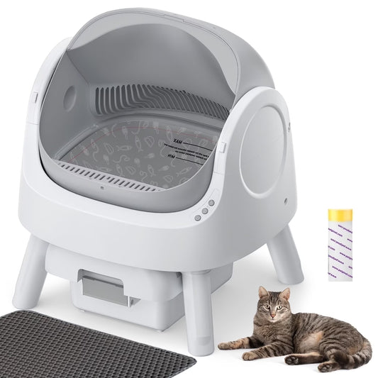 Large Open-Top Automatic Cat Litter Box Self Cleaning with Safety Protection, Mat and Trash Bags Included, Grey