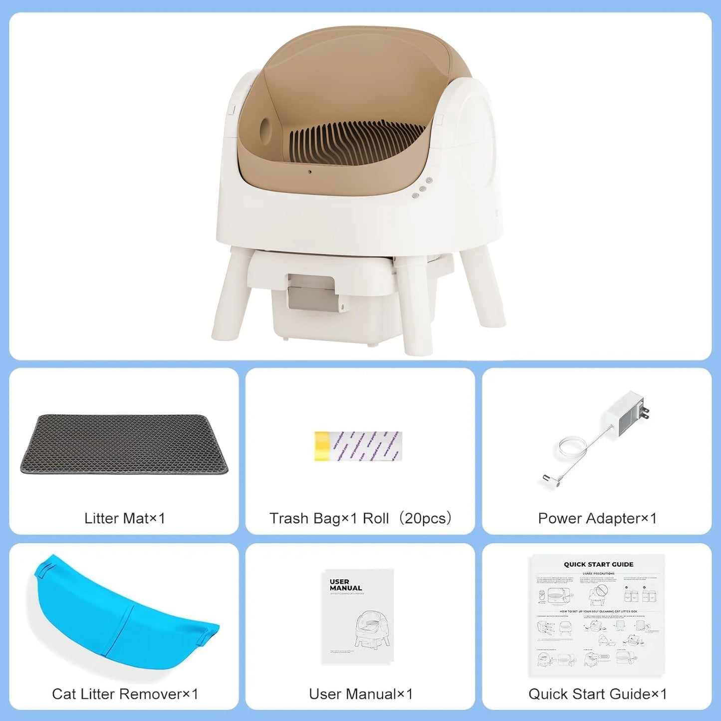 Large Open-Top Automatic Cat Litter Box Self Cleaning with Safety Protection, Mat and Trash Bags Included, Brown