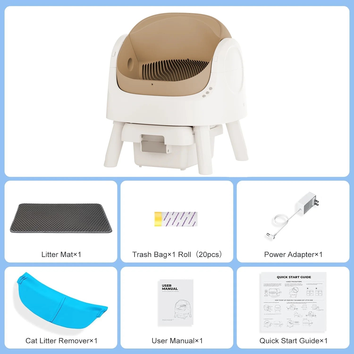 Large Open-Top Automatic Cat Litter Box Self Cleaning with Safety Protection, Mat and Trash Bags Included, Brown