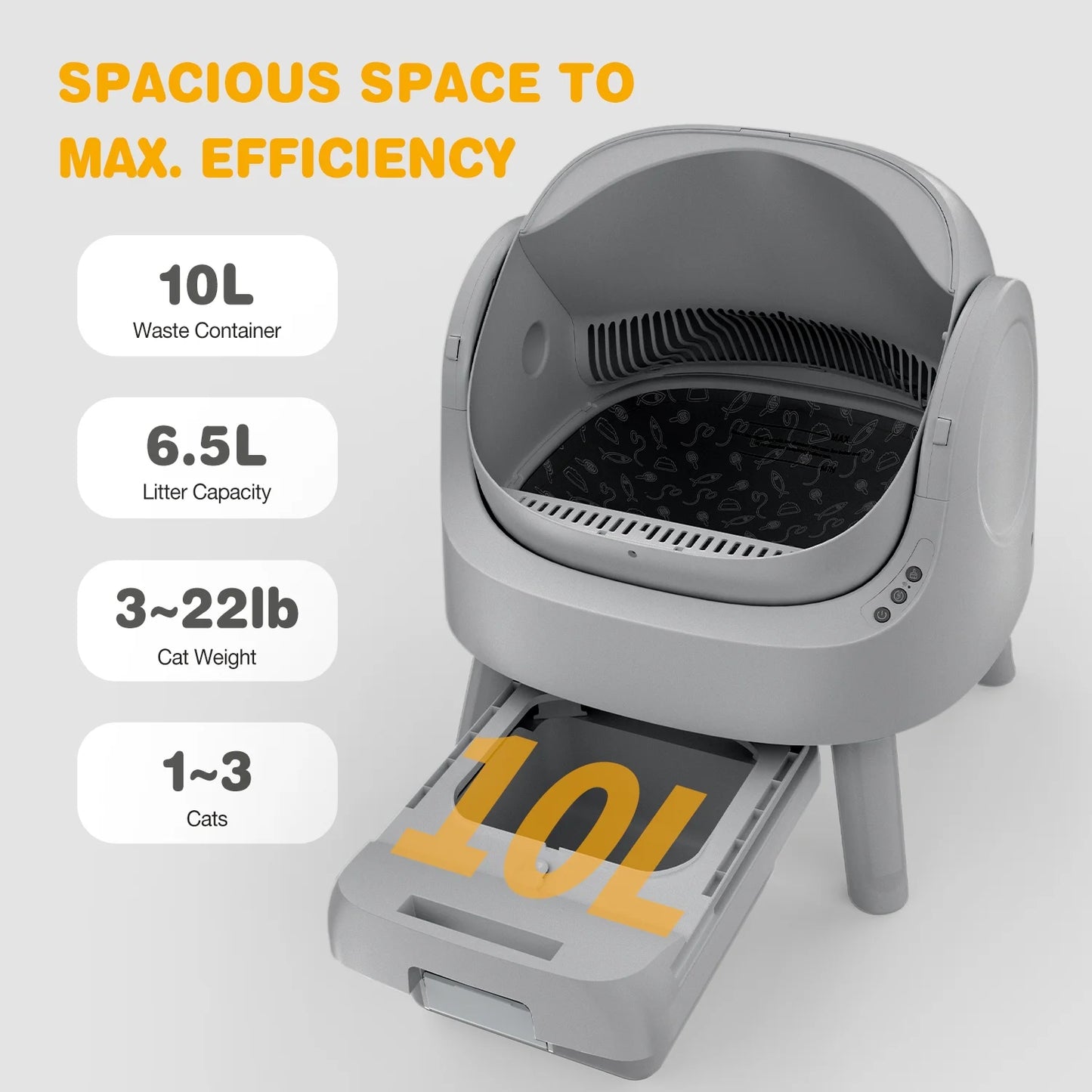 Large Open-Top Automatic Cat Litter Box Self Cleaning with Safety Protection, Mat and Trash Bags Included, Steel