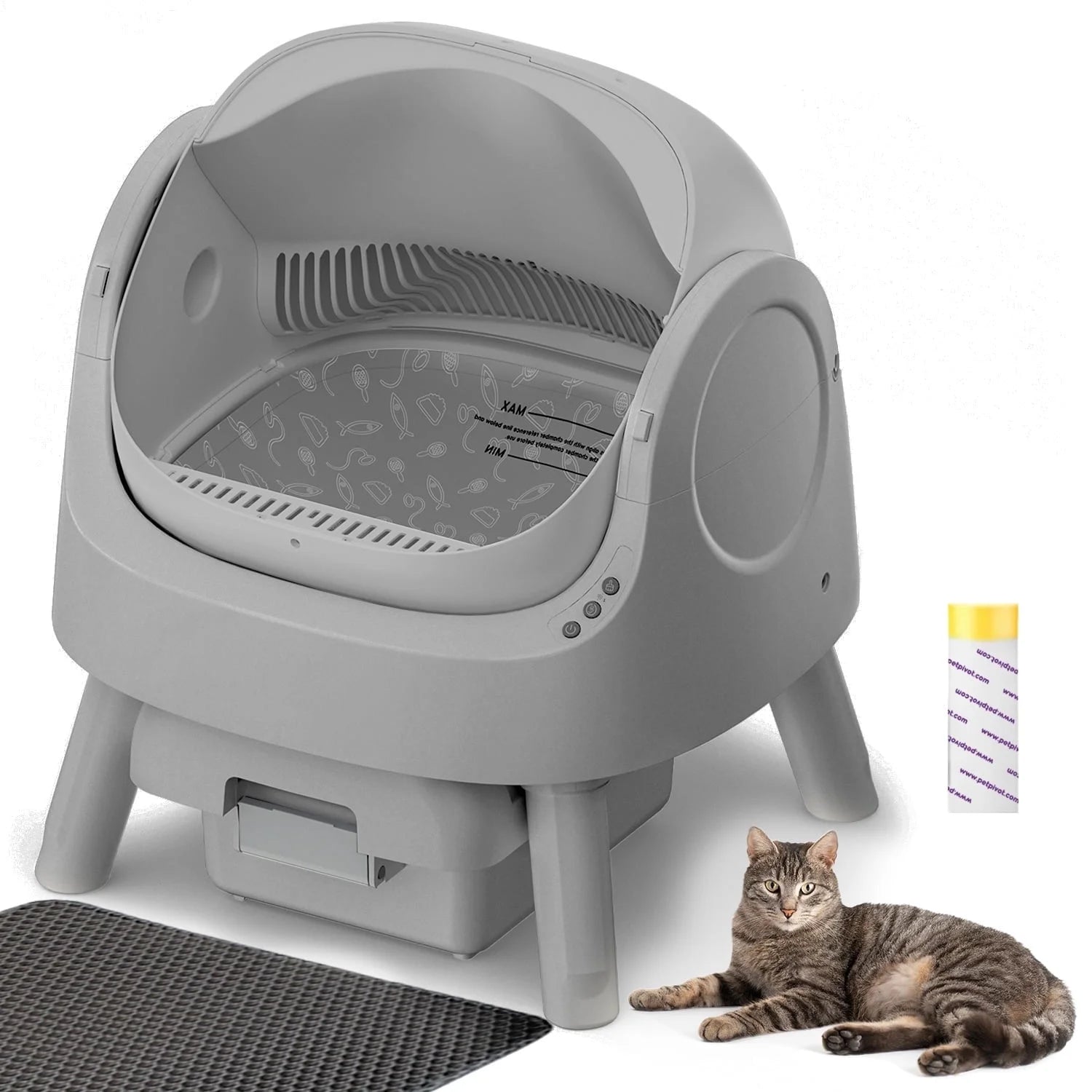 Large Open-Top Automatic Cat Litter Box Self Cleaning with Safety Protection, Mat and Trash Bags Included, Steel