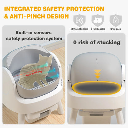 Large Open-Top Automatic Cat Litter Box Self Cleaning with Safety Protection, Mat and Trash Bags Included, Grey