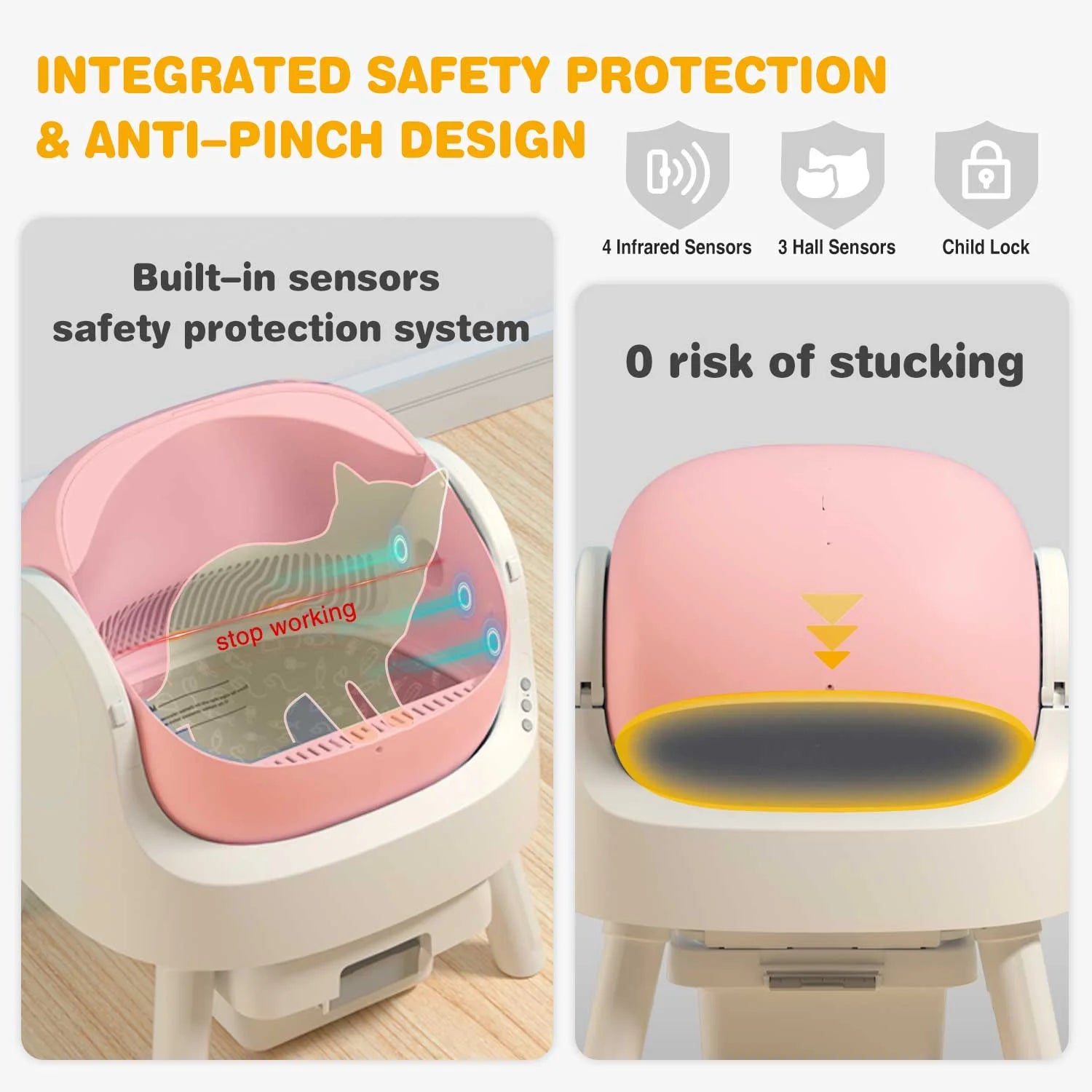 Large Open-Top Automatic Cat Litter Box Self Cleaning with Safety Protection, Mat and Trash Bags Included, Pink