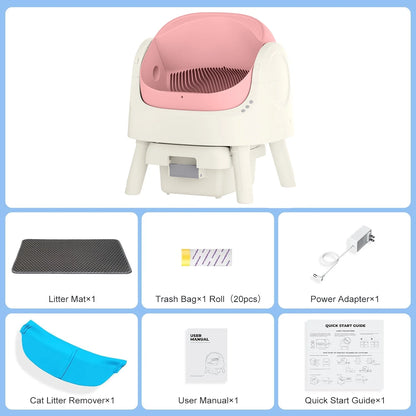 Large Open-Top Automatic Cat Litter Box Self Cleaning with Safety Protection, Mat and Trash Bags Included, Pink
