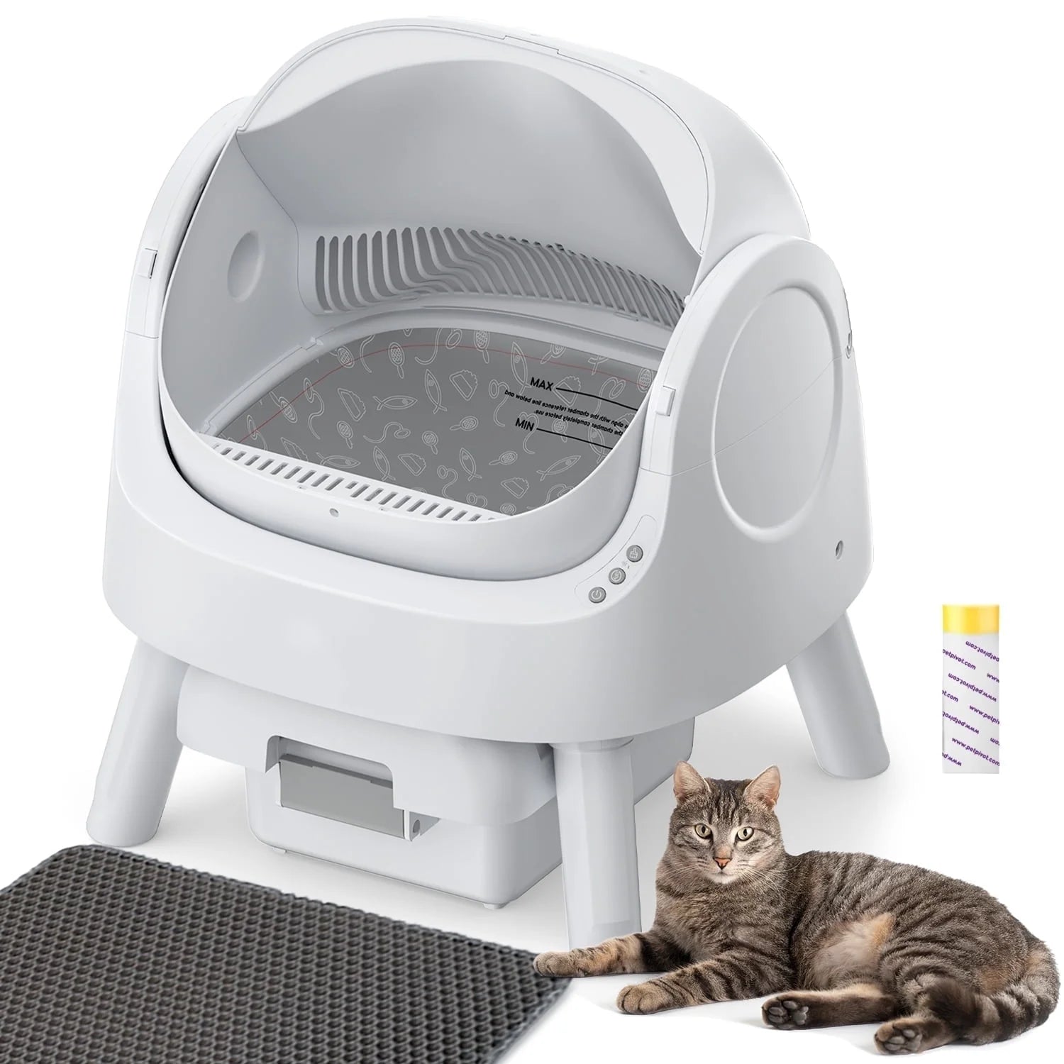 Large Open-Top Automatic Cat Litter Box Self Cleaning with Safety Protection, Mat and Trash Bags Included, White