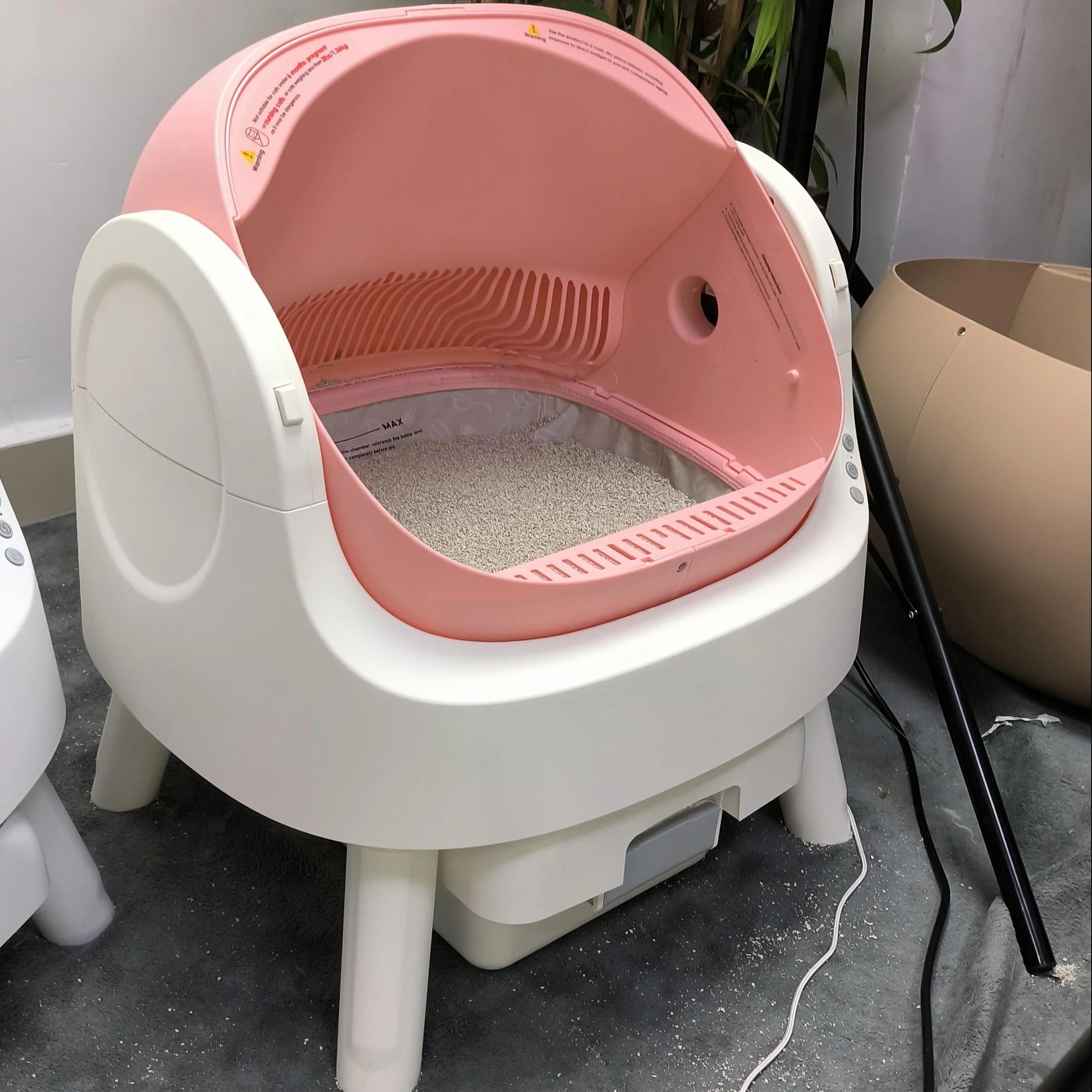 Large Open-Top Automatic Cat Litter Box Self Cleaning with Safety Protection, Mat and Trash Bags Included, Pink