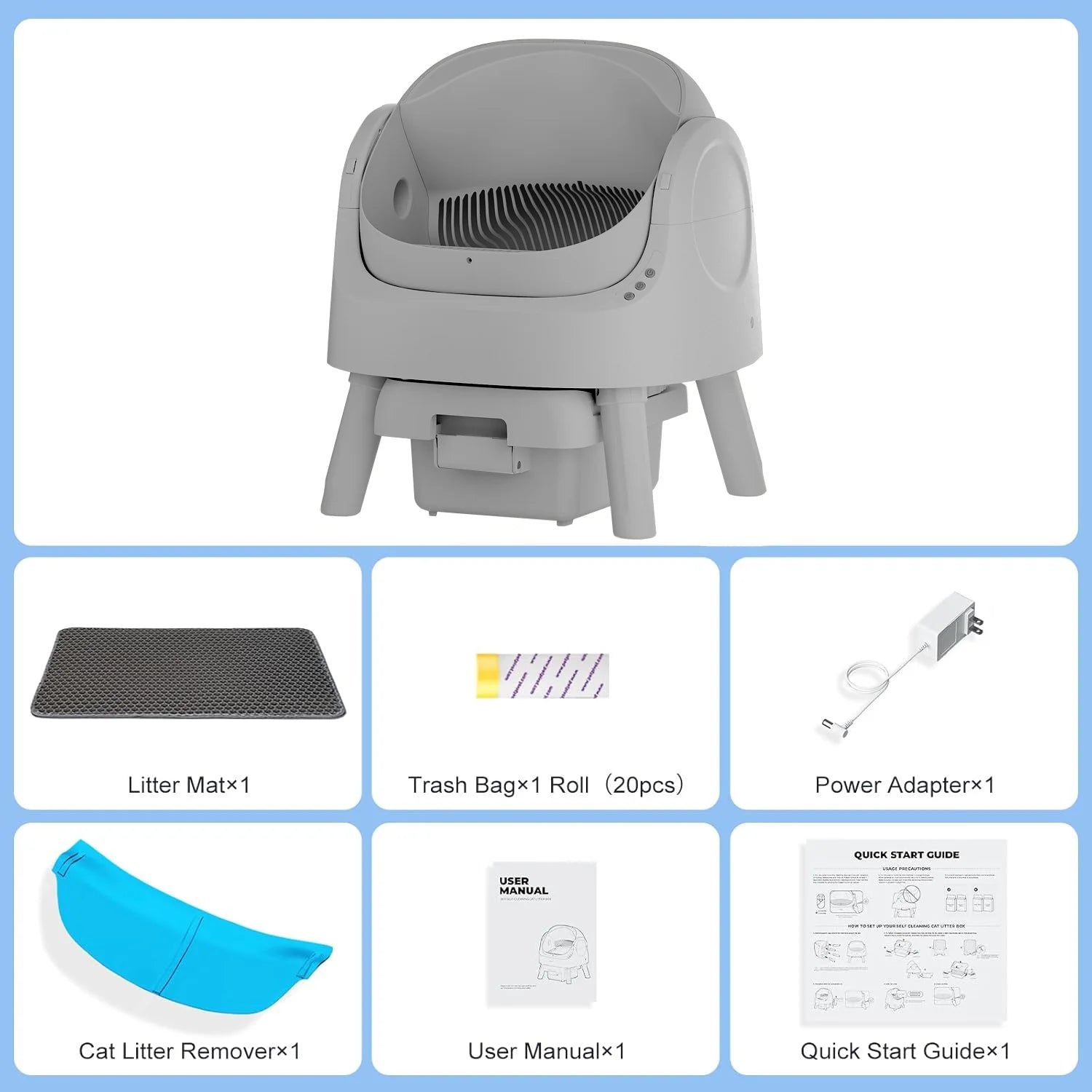 Large Open-Top Automatic Cat Litter Box Self Cleaning with Safety Protection, Mat and Trash Bags Included, Steel