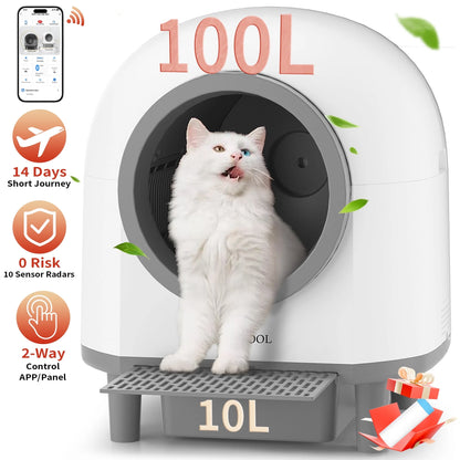 Automatic Cat Litter Box Self Cleaning, Smart Litter Box for Multiple Cats with 10 Safety Sensor Radars, 100L Electric Cat Box with App-Control, Odor Control, Quiet Operation, White