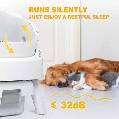 Large Open-Top Automatic Cat Litter Box Self Cleaning with Safety Protection, Mat and Trash Bags Included, White